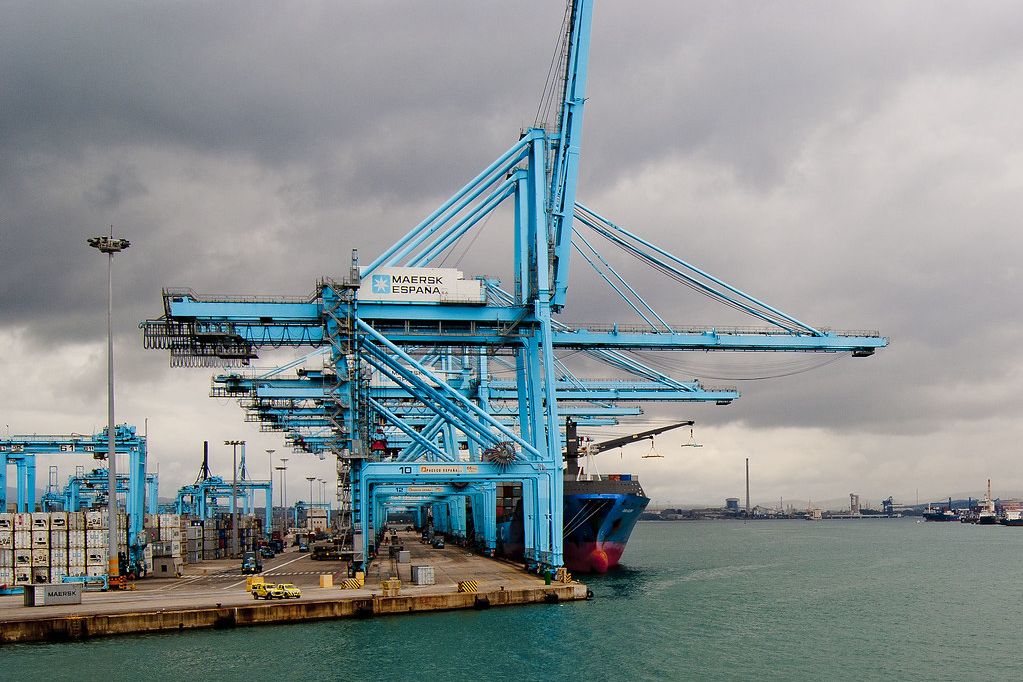 Blue container gantry cranes on a quay at the Port of Algeciras