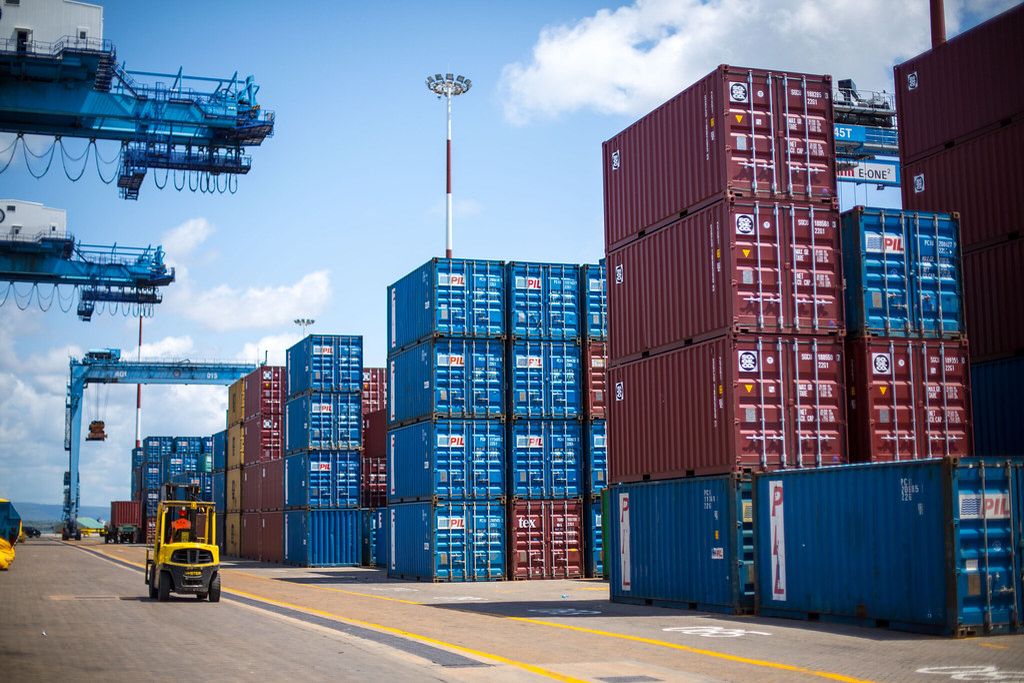 Rows of containers with a forklift at the Port of Mombasa