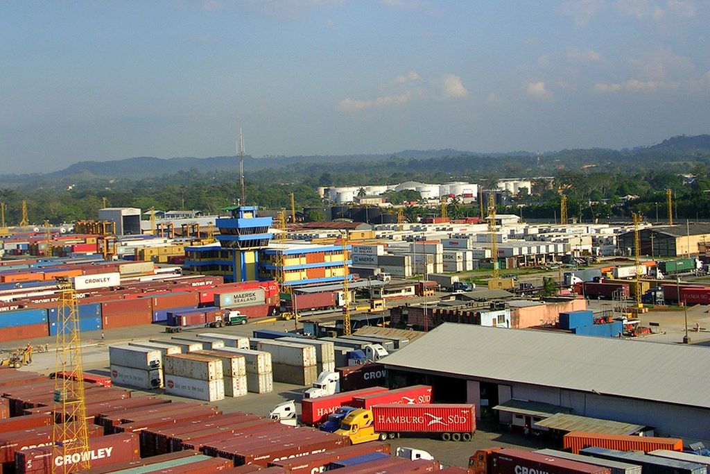 Container yard and warehouses at the port of Santo Tomas de Castilla, Guatemala