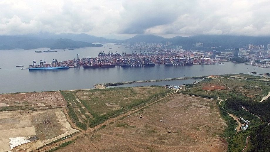 Yantian port area in Shenzhen seen from the hills, with container berths along the bay